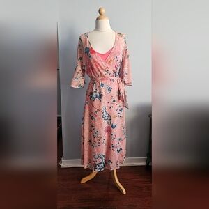 Maeve Coral Pink Floral Wrap Maxi Dress with Teal and Gold Details. 2 Piece
